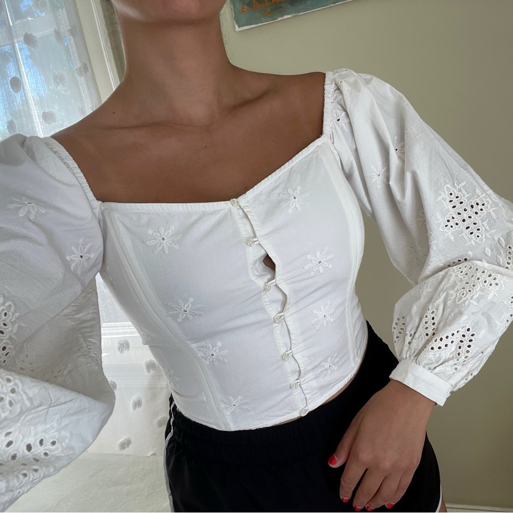 White Free People Corset Top with Puff Sleeves
